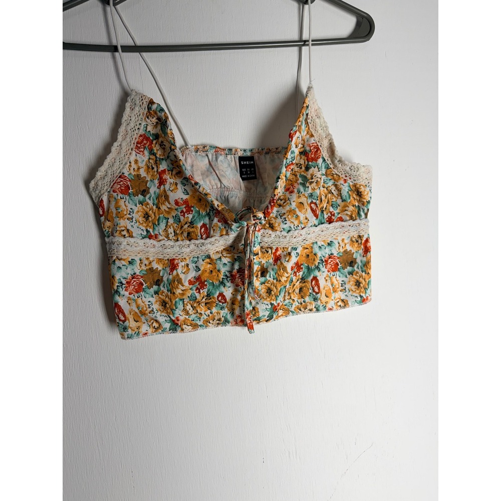 SHEIN Floral Lace Trim Tie Front Crop Top Cami Yellow Orange Boho Summer Small